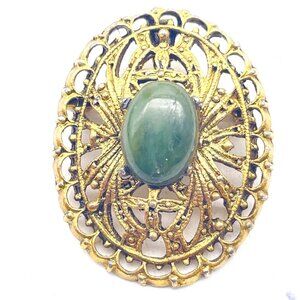 PERI Brooch Gold Tone Filigree Green Cabochon Oval Vintage Signed